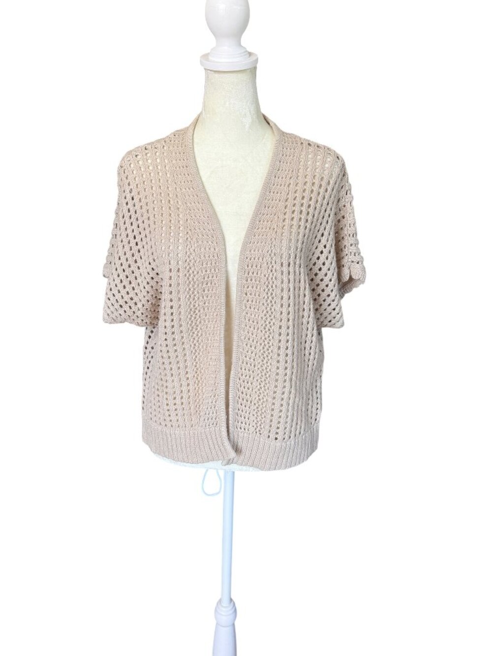 Sag Harbor Petite beige short sleeve open knit cardigan sweater women's size PM